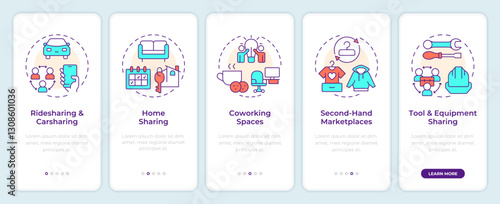 Sharing economy models onboarding mobile app screen. Walkthrough 5 steps editable graphic instructions with linear concepts. UI, UX, GUI template. Montserrat SemiBold, Regular fonts used
