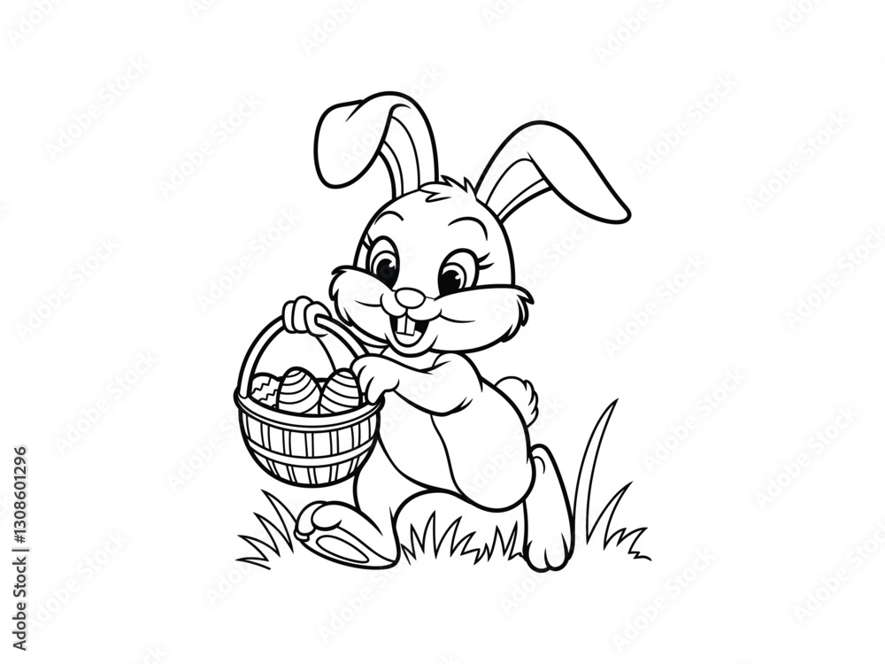Easter Bunny Holding Basket of Eggs – Line Art Illustration Easter Bunny Holding Basket of Eggs – Line Art Illustration