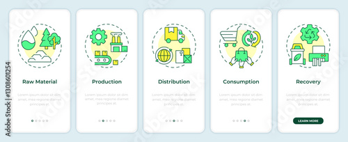 Circular economy onboarding mobile app screen. Consumption. Walkthrough 5 steps editable graphic instructions with linear concepts. UI, UX, GUI template. Montserrat SemiBold, Regular fonts used