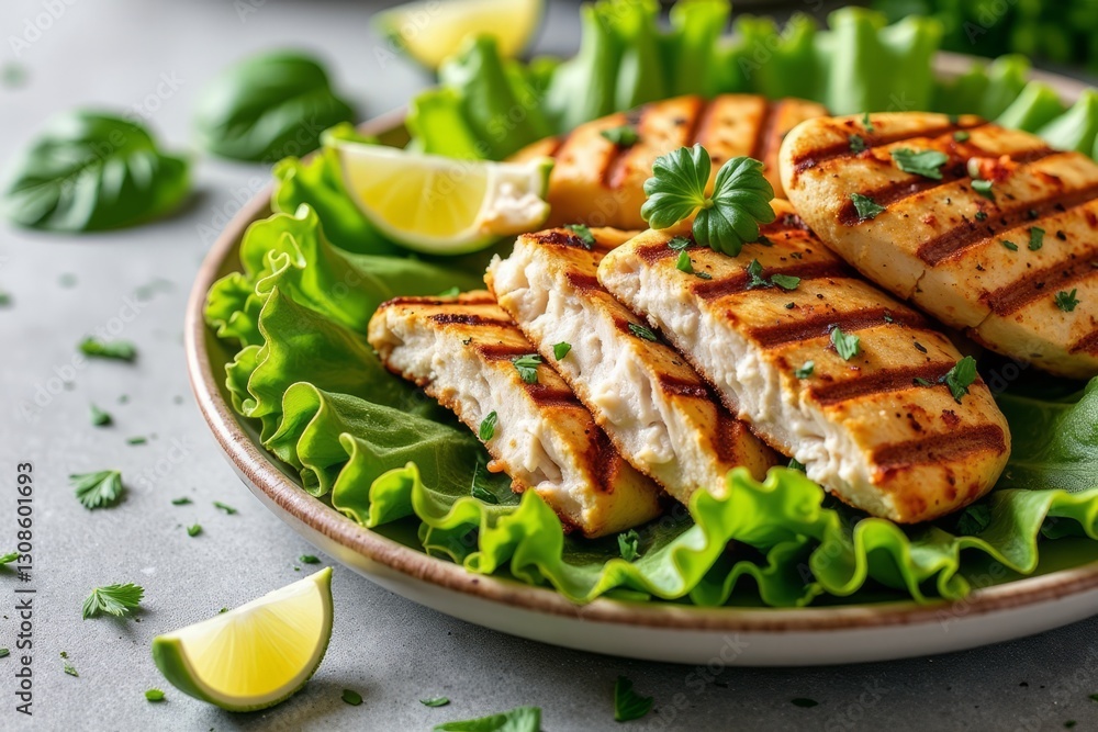 Grilled chicken served on a bed of fresh green lettuce leaves Grilled chicken served on a bed of fresh green lettuce leaves