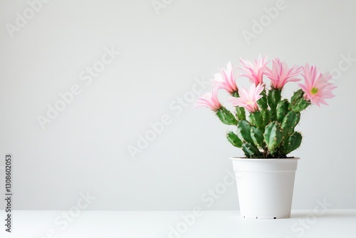 Wallpaper Mural A delicate Easter cactus with pink flowers displayed in a small pot, against a minimalist white background for a clean, fresh aesthetic. Torontodigital.ca