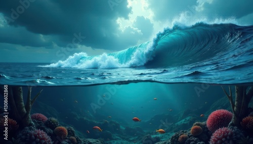 Dark brooding sky, monstrous waves contrast calm underwater scene with colorful fish, ocean floor, beauty