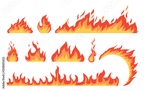 Cartoon fire flames flat collection. Fire flames, bright fireball, heat wildfire and red hot bonfire, campfire. Vector illustration.