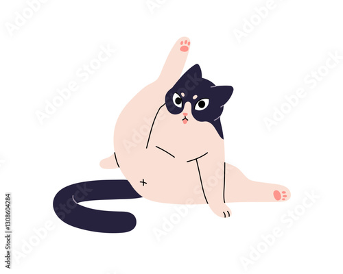 Cute kitty raises up its paw and cleans butt. Goofy cat in funny pose washing, licks self. Amusing kitten sits, cleaning, washes fur with tongue. Flat isolated vector illustration on white background