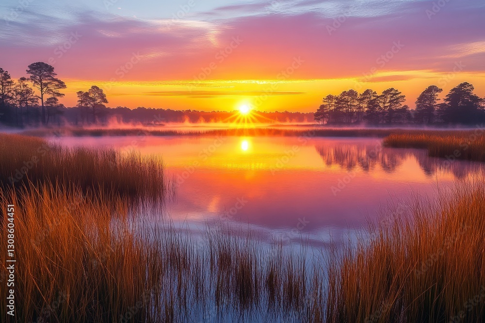 Obraz premium Spectacular sunrise over a tranquil marshland landscape with mist and trees