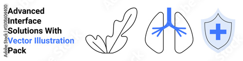 Leaf silhouette, detailed lungs diagram with highlighted bronchial tubes, and shield with cross symbol. Ideal for healthcare, medicine, wellness, respiratory health, nature, environment flat landing