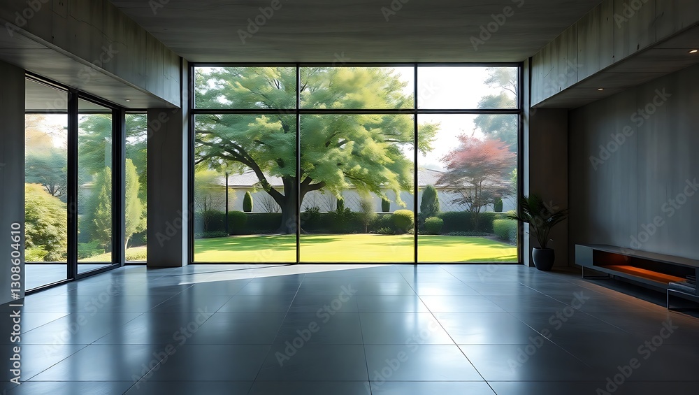 Fototapeta premium Modern Apartment Interior with Concrete Walls and Panoramic Yard View | Generative AI