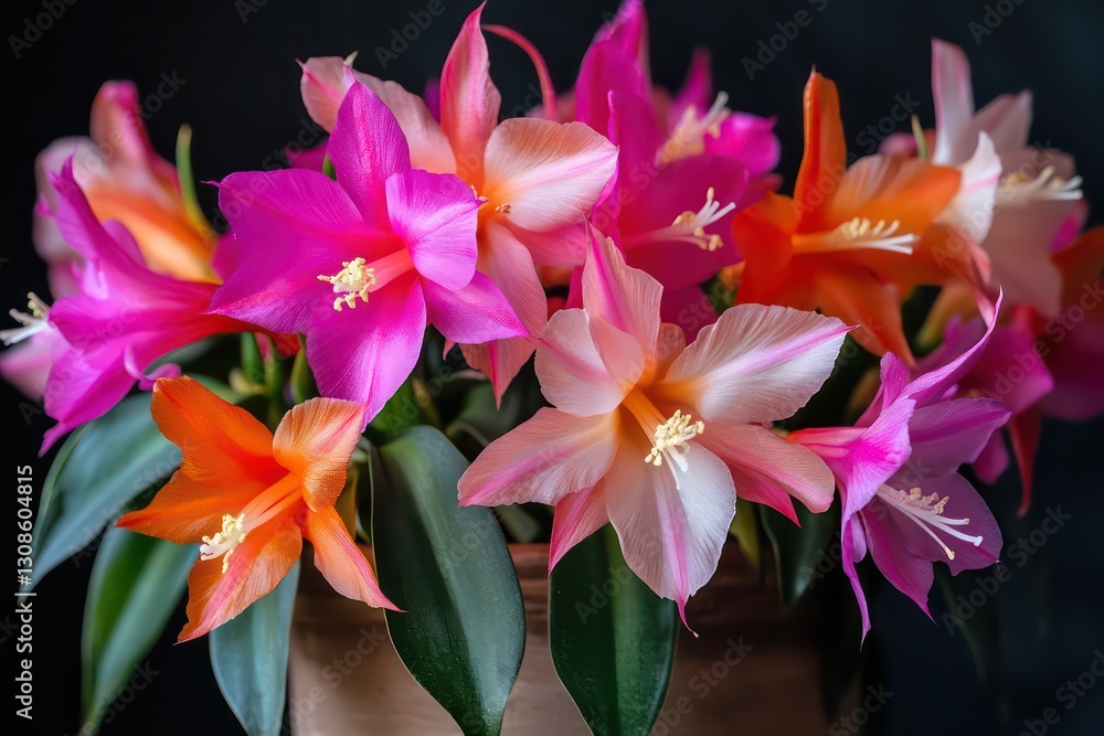 A detailed image of Schlumbergera flowers in a flowerpot, focusing on the intricate petals and bright colors of the blossoms.
