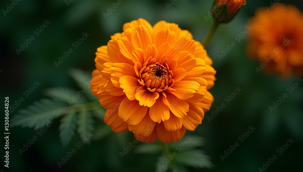 Close-up of a vibrant marigold flower in full bloom, surrounded by green foliage. Perfect for botanical themes, floral designs, gardening concepts, nature-inspired branding, wellness, herbal remedies