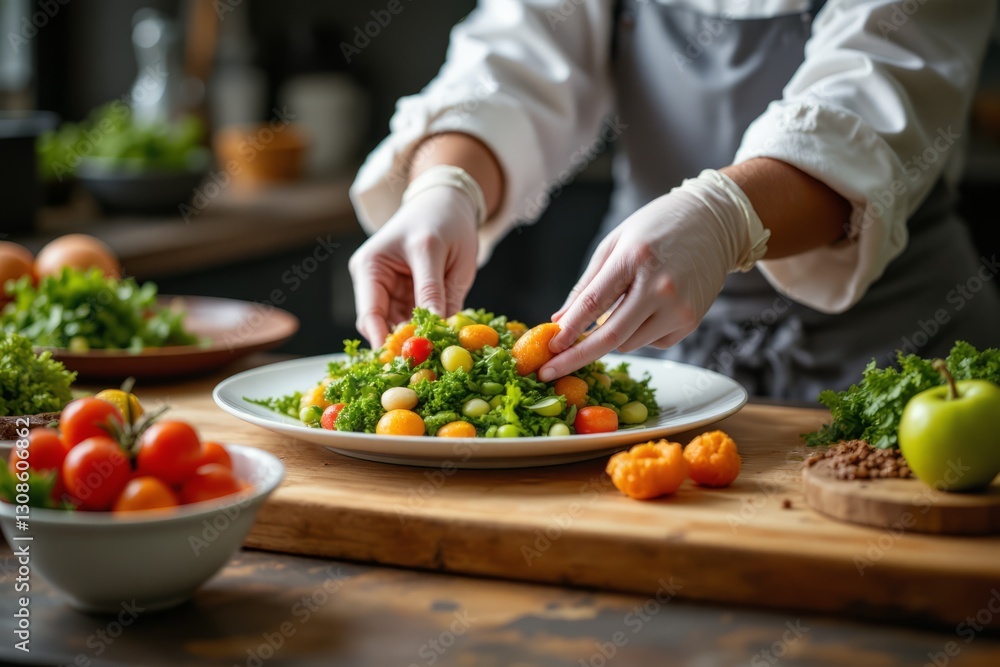 A Chef Is Plating A Beautiful And Colorful Salad A Chef Is Plating A Beautiful And Colorful Salad
