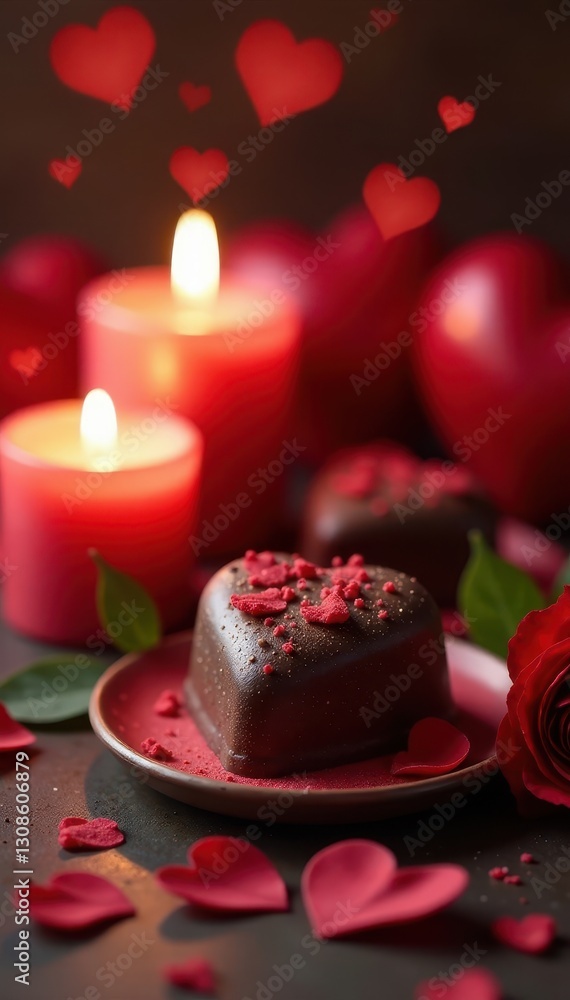 Elegant heart garland, chocolate, candles, romantic setting, banner, festive, valentines Elegant heart garland, chocolate, candles, romantic setting, banner, festive, valentines