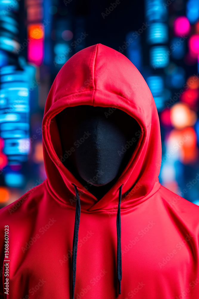 A mannequin wearing a red hoodie in front of a city at night A mannequin wearing a red hoodie in front of a city at night