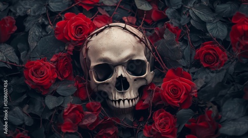 Fototapeta Naklejka Na Ścianę i Meble -  A haunting yet beautiful composition featuring a human skull nestled among vibrant red roses and intricate, twisting vines. Captures the essence of gothic and macabre art.. AI Generation