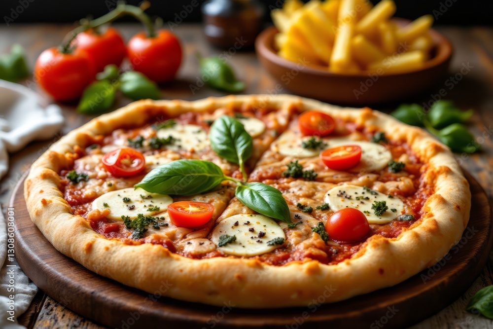 A Delicious Italian Pizza with Fresh Tomatoes and Basil Leaves A Delicious Italian Pizza with Fresh Tomatoes and Basil Leaves
