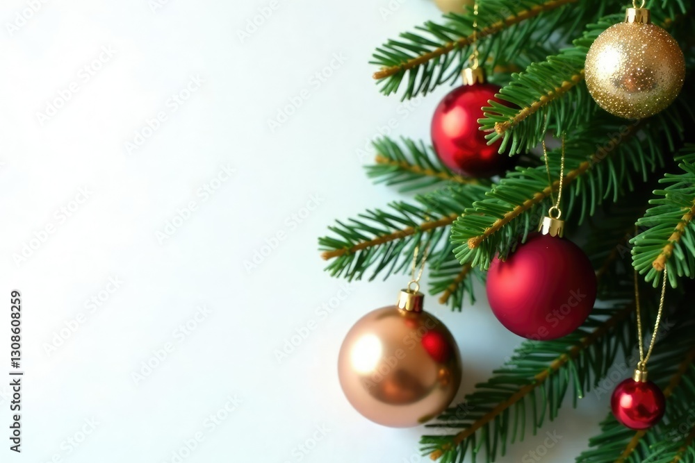 Decorated spruce branch on white background with red and gold balls, Christmas decoration, ornaments Decorated spruce branch on white background with red and gold balls, Christmas decoration, ornaments