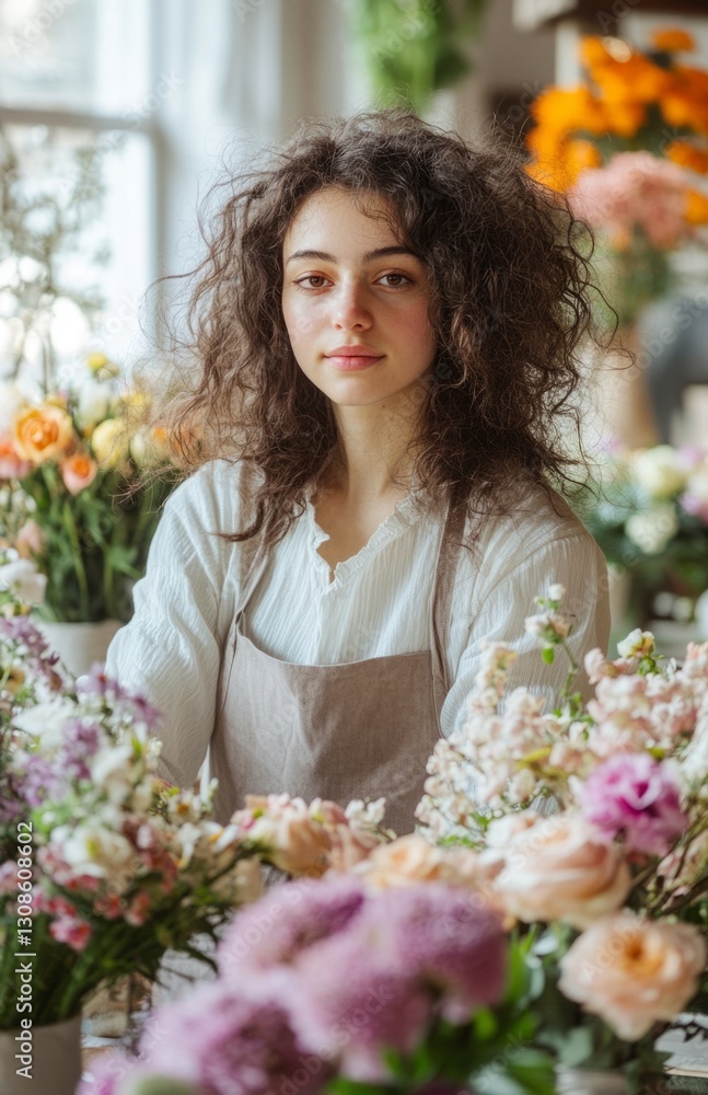 Florist in apron creating flower arrangements at a table, full-length portrait on white background Florist in apron creating flower arrangements at a table, full-length portrait on white background