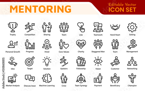 Mentoring and Coaching Icons Collection. Vector-Based Icons for Mentorship, Leadership, Learning, Support, and Growth