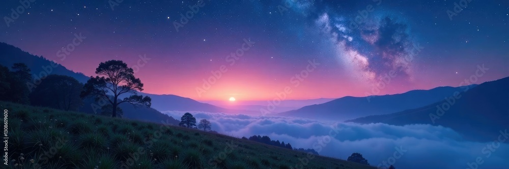 Fototapeta premium Dreamy starry landscape with misty atmosphere and subtle sparkles, enchanting, atmospheric