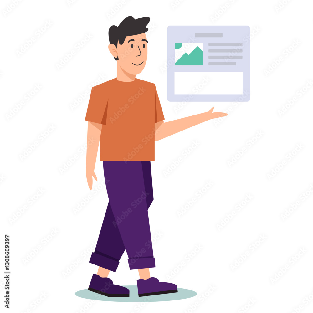 Digital Presentation: A stylish young man confidently presents a digital interface, showcasing a modern content layout with clean lines and vibrant visuals, in a dynamic and engaging illustration. Digital Presentation: A stylish young man confidently presents a digital interface, showcasing a modern content layout with clean lines and vibrant visuals, in a dynamic and engaging illustration.