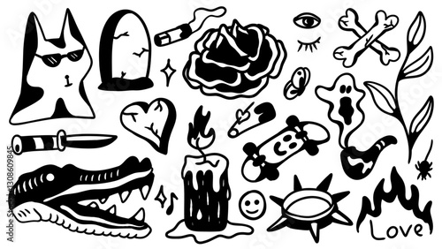 Hand drawn of black old school tattoo. Cat, rose, and more vector illustration