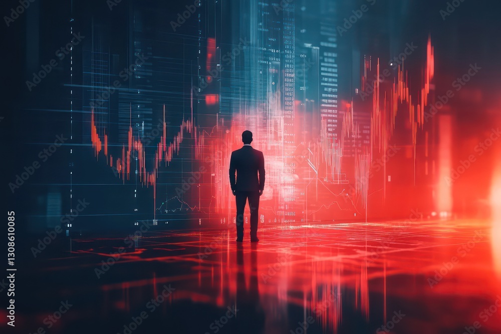 A digital concept showing a businessman standing before a financial downturn graph, symbolizing the threat of a recession in a modern office. A digital concept showing a businessman standing before a financial downturn graph, symbolizing the threat of a recession in a modern office.