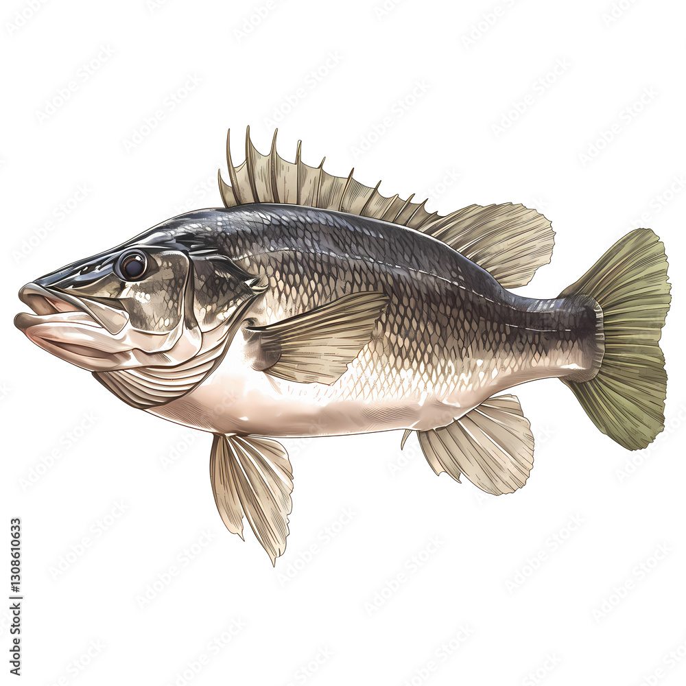 Naklejka premium Detailed illustration of a fish, showcasing its scales and fins against a black background. A study in natural detail.