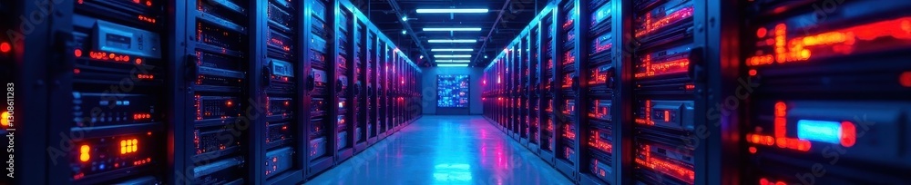 Brightly lit server room with active network equipment, showcasing data flow , dynamic, technology Brightly lit server room with active network equipment, showcasing data flow , dynamic, technology