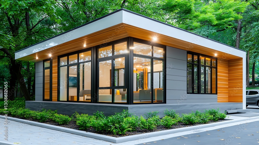 Fototapeta premium Modern Contemporary House Design Luxury Home Exterior Wood and Grey Siding Large Windows Evening