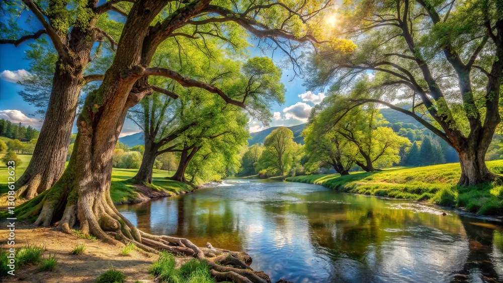 Serene River Landscape Majestic Trees Frame a Tranquil Waterway Under a Sun-Drenched Sky Serene River Landscape Majestic Trees Frame a Tranquil Waterway Under a Sun-Drenched Sky