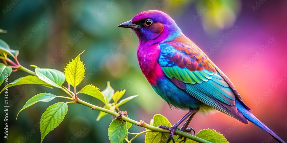Vibrant plumage bird perched on a branch with lush green leaves against a colorful background Vibrant plumage bird perched on a branch with lush green leaves against a colorful background