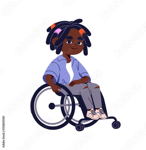 Happy disabled kid walks with wheelchair. Cute black boy rides on wheel chair. Child with paralyzed legs sits in orthopedic equipment, gear. Flat isolated vector illustration on white background