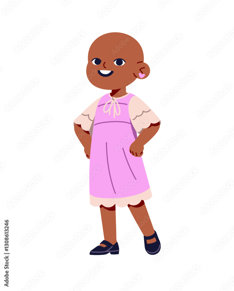 Happy black kid with cancer. Cute bald little girl after chemotherapy. Hairless child patient with disease, diagnosis, health problems smiles. Flat isolated vector illustration on white background Happy black kid with cancer. Cute bald little girl after chemotherapy. Hairless child patient with disease, diagnosis, health problems smiles. Flat isolated vector illustration on white background