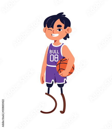 Young sportsman with sports prosthesis winks. Happy kid with amputated legs plays basketball. Disabled child in sportswear hold ball in hand. Flat isolated vector illustration on white background