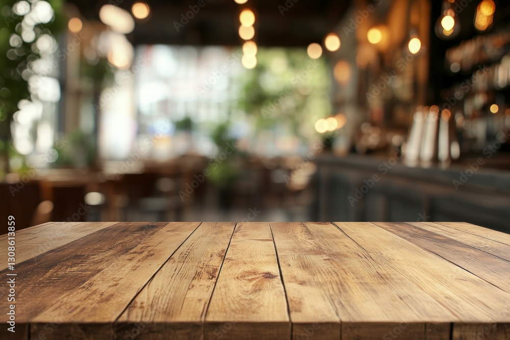 Rustic Wooden Table Top with Blurred Restaurant Background Perfect for Product Display Rustic Wooden Table Top with Blurred Restaurant Background Perfect for Product Display
