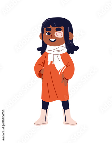 Happy black child with patch on lazy eye. Cute little girl with impaired vision. Kid with ophthalmology bandage has amblyopia, strabismus, seeing disease. Flat isolated vector illustration on white