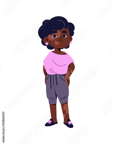 Happy African American little girl with vitiligo. Cute black kid with pigment spots on skin of body, face. Child with dermatology illness, genetic disorder. Flat isolated vector illustration on white