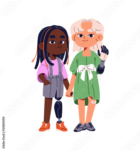 Happy girls with bionic leg, hand standing together. Cute children with robotic prosthesis welcoming. Disabled kids friends with amputations greeting. Flat isolated vector illustration on white