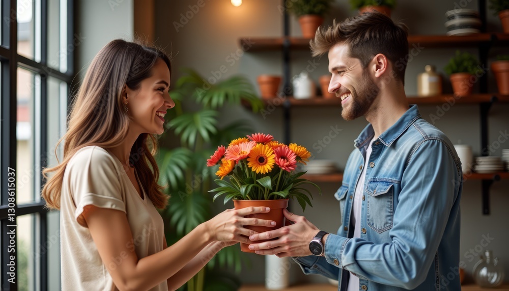 A smiling man gives potted flowers to a woman indoors A smiling man gives potted flowers to a woman indoors