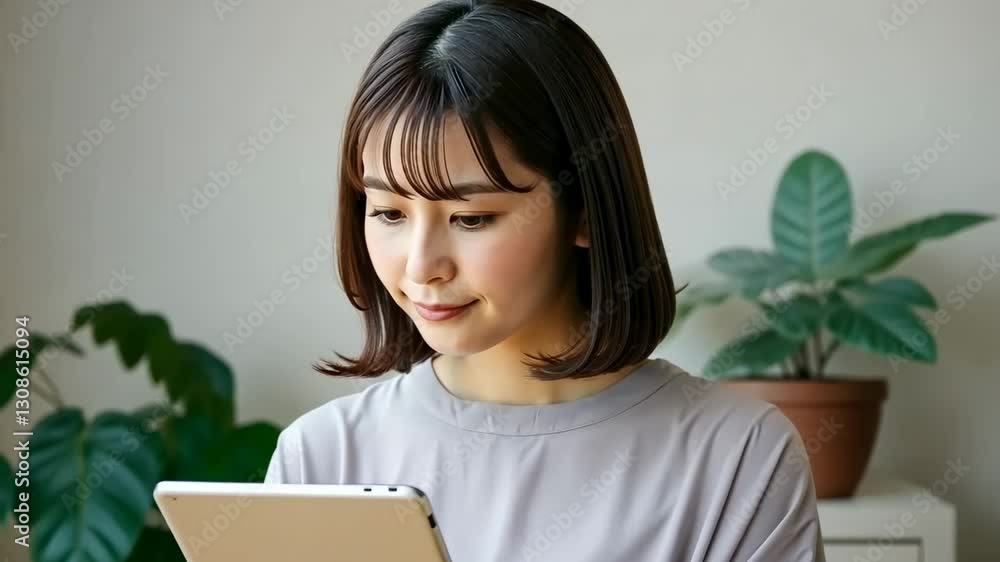 Young woman engaged in digital reading on tablet in peaceful home setting Young woman engaged in digital reading on tablet in peaceful home setting