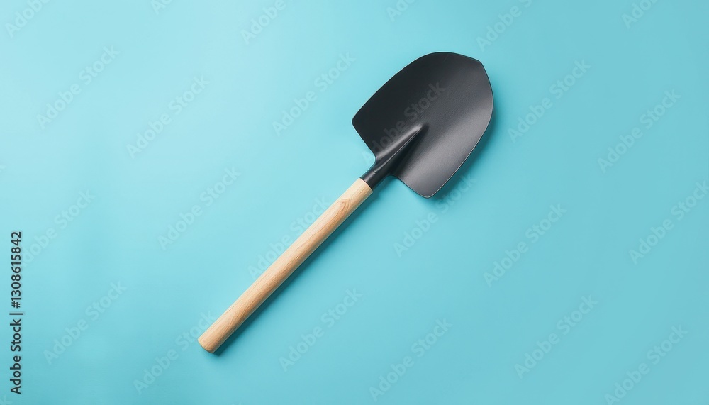 A garden hoe with a wooden handle lying across a solid sky blue background. A garden hoe with a wooden handle lying across a solid sky blue background.