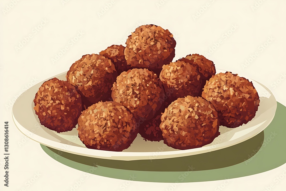 Pile of crispy, golden-brown meatballs on a white plate. Pile of crispy, golden-brown meatballs on a white plate.
