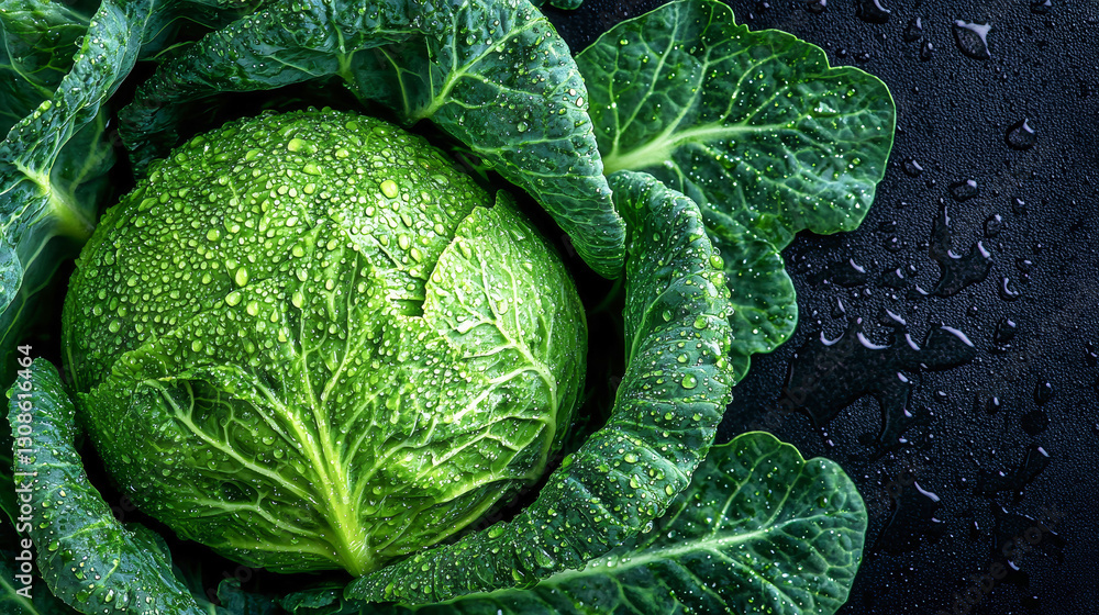 Fototapeta premium Freshly harvested cabbage glistens with water droplets on a dark background, perfect for organic designs