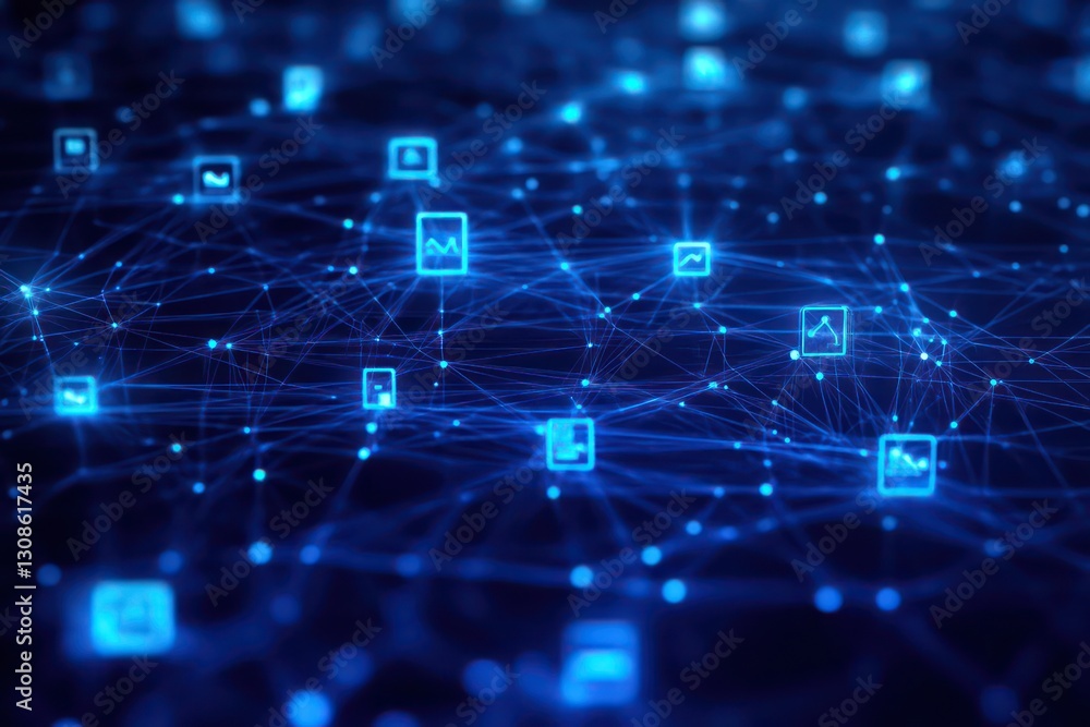 Obraz premium A digital transformation concept with blue network symbols glowing.