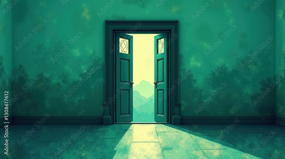 Obraz premium Teal and dark green layered imagery highlights climate action, using open doors and passports as metaphors. Texture overlays and visual hierarchy create complexity and engagement.