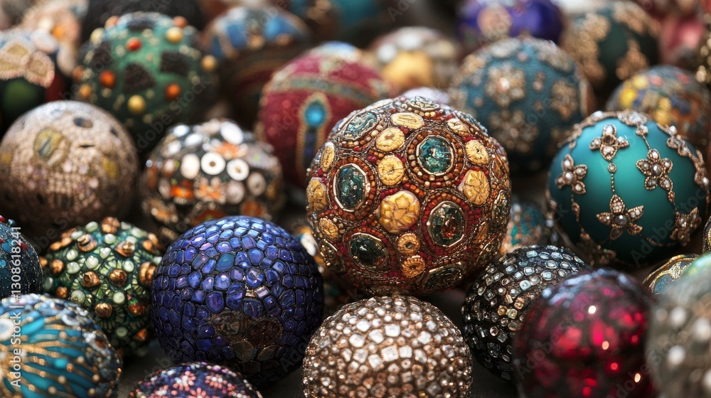 A luxurious collection of ornamental spheres adorned with intricate jewels and beads. Each sphere is crafted in vibrant colors and designs, showcasing opulent craftsmanship, perfect for themes of A luxurious collection of ornamental spheres adorned with intricate jewels and beads. Each sphere is crafted in vibrant colors and designs, showcasing opulent craftsmanship, perfect for themes of