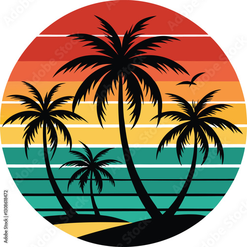 Wallpaper Mural Retro Sunset Beach Palm Trees Silhouettes, Summer Vector Torontodigital.ca