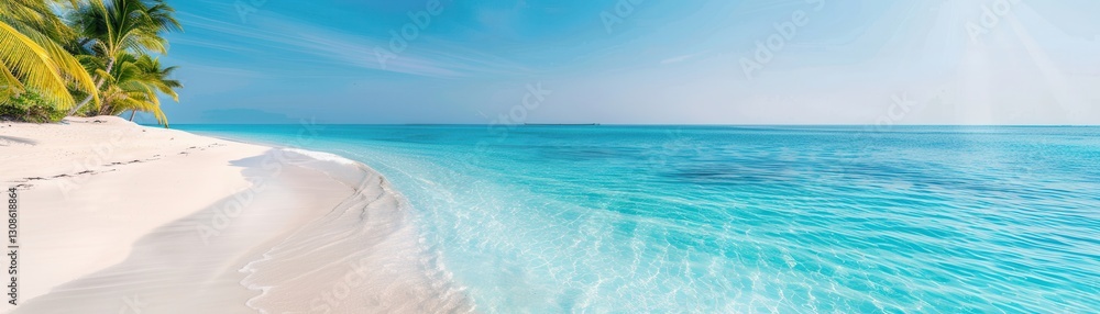 Fototapeta premium serene tropical beach with white sand and clear turquoise water under bright blue sky, surrounded by lush palm trees, creating tranquil paradise