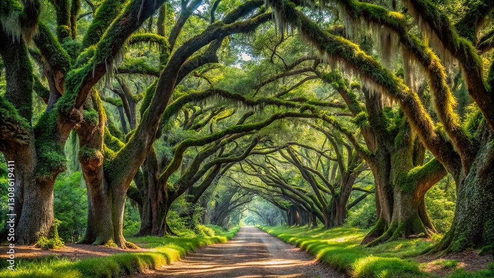 Serene Pathway Through Ancient Moss-Draped Trees, A Sun-Dappled Driveway Under a Canopy of Lush, Verdant Foliage Serene Pathway Through Ancient Moss-Draped Trees, A Sun-Dappled Driveway Under a Canopy of Lush, Verdant Foliage