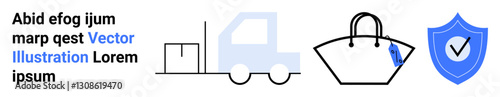 Delivery truck, shopping bag with tag, and shield signifying shipping, retail, and data security. Ideal for logistics, online shopping, payment safety, retail branding cargo order protection flat