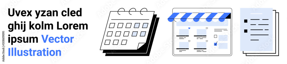 Calendar with blank squares next to a digital storefront layout and stacked documents. Ideal for scheduling, organization, project management, web design, digital marketing, document management Calendar with blank squares next to a digital storefront layout and stacked documents. Ideal for scheduling, organization, project management, web design, digital marketing, document management